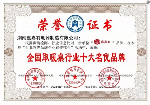 嘉嘉有电器获评“全国取暖桌行业十大名优品牌” 行业标杆建设再获认可