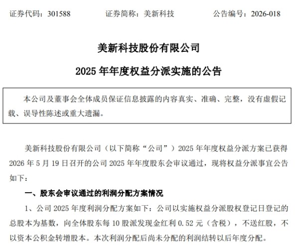 美新科技2025年度分红落地，自主品牌影响力持续增长