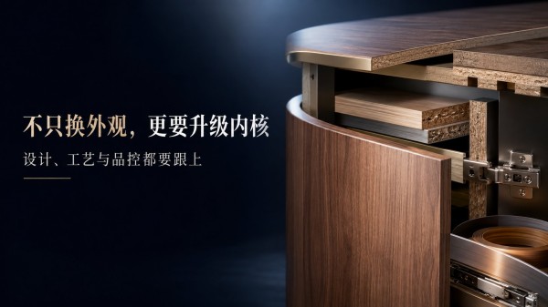 深暗背景下展示高品质定制家具剖面结构，主体为深色木纹饰面柜体，内部采用颗粒板基材，边缘辅以精致金属封边。特写镜头清晰呈现厚实金属铰链与滑轨五金，凸显精湛工艺与稳