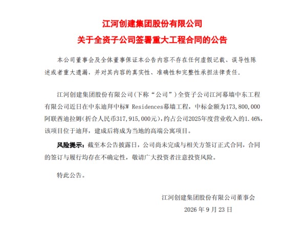 江河集团子公司中标迪拜幕墙项目，中标额折合3.18亿元