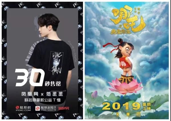 左:范丞丞联手凤凰网推出的公益T恤,每件售价299元。右:《哪吒之魔童降世》安立的价值观配合人物造型充分迎合了2000后的追捧,目前票房已突破49亿,位列中国影史票房总榜第二。