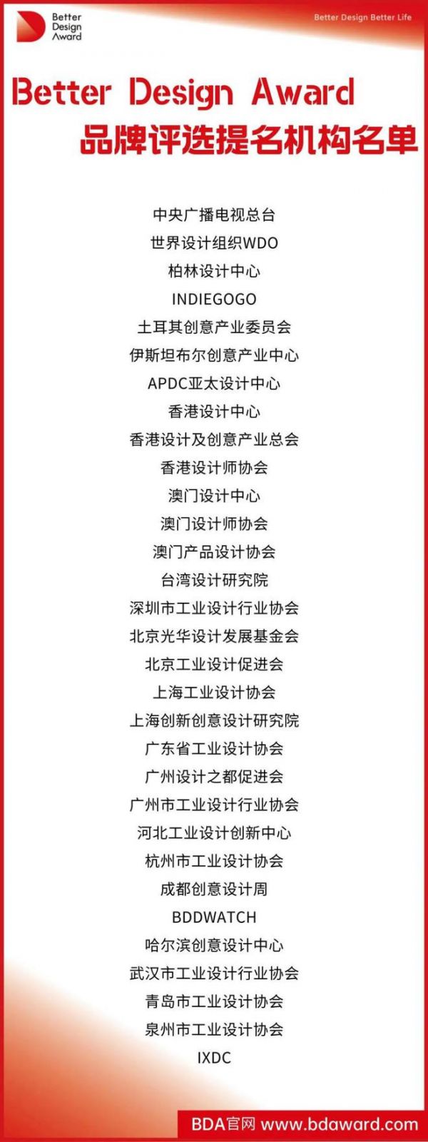 越来越好国际设计大赛(BDA)品牌评选提名机构名单