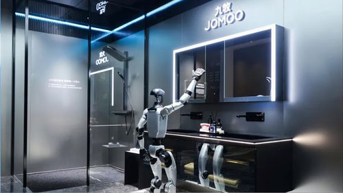 机器人在九牧AI BATH场景与浴室柜“互动”